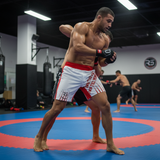 Roll Gear Own the Mat BJJ Fight Shorts – Red & White, man in a stance on the mat.