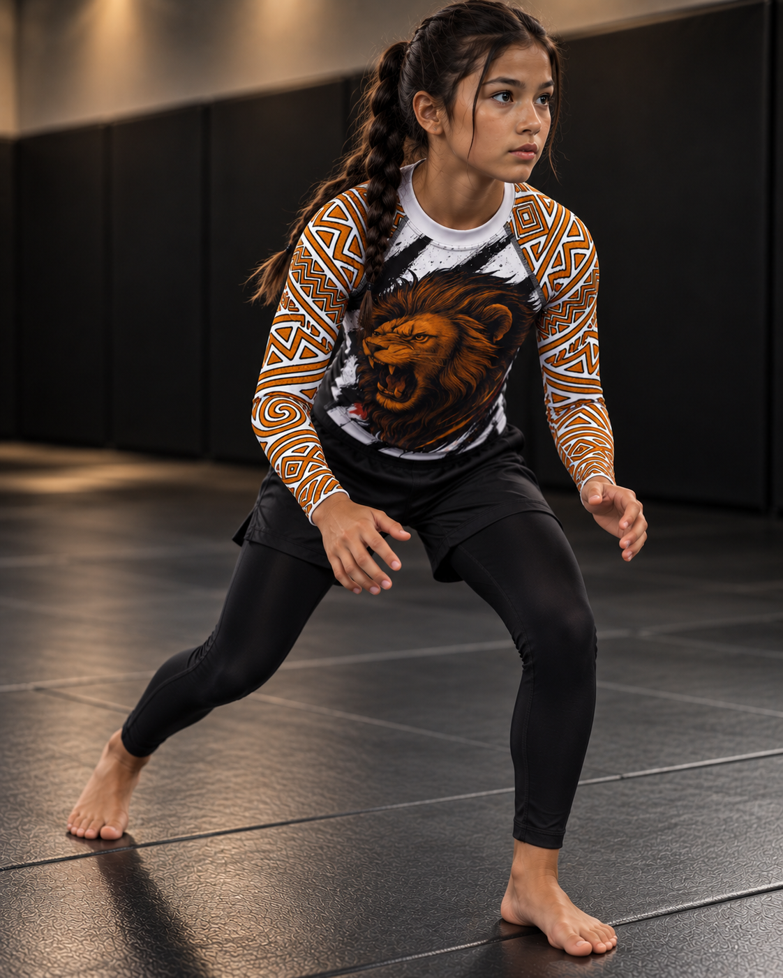 Roll Gear Lion’s Pride Long Sleeve Rash Guard – White & Gold – Youth, teen girl in a fighting stance on the mat.