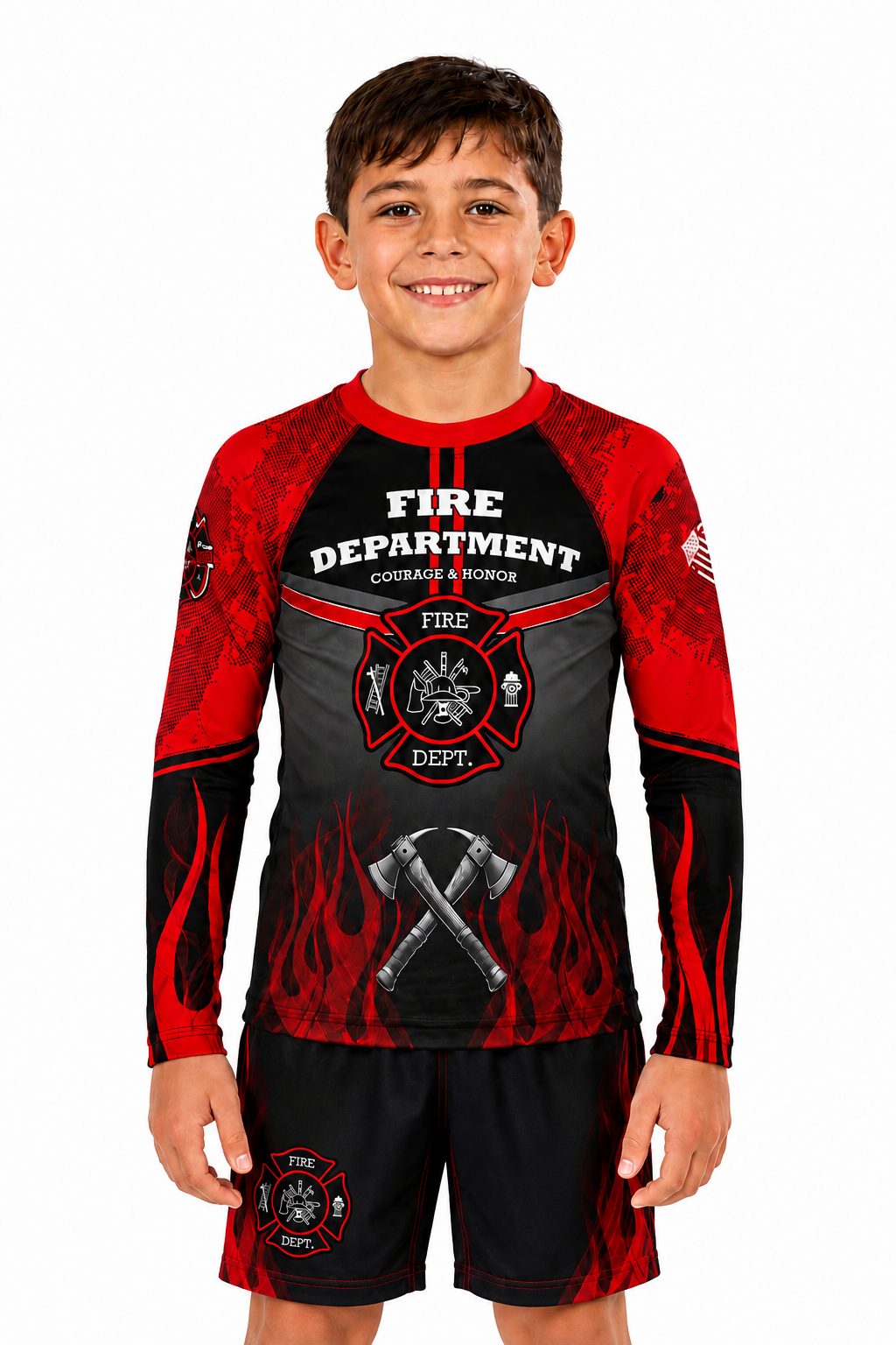 Roll Gear Kids Fire Department Edition Short Sleeve Rash Guard - Red, Black & Smoke Grey, product image 2.