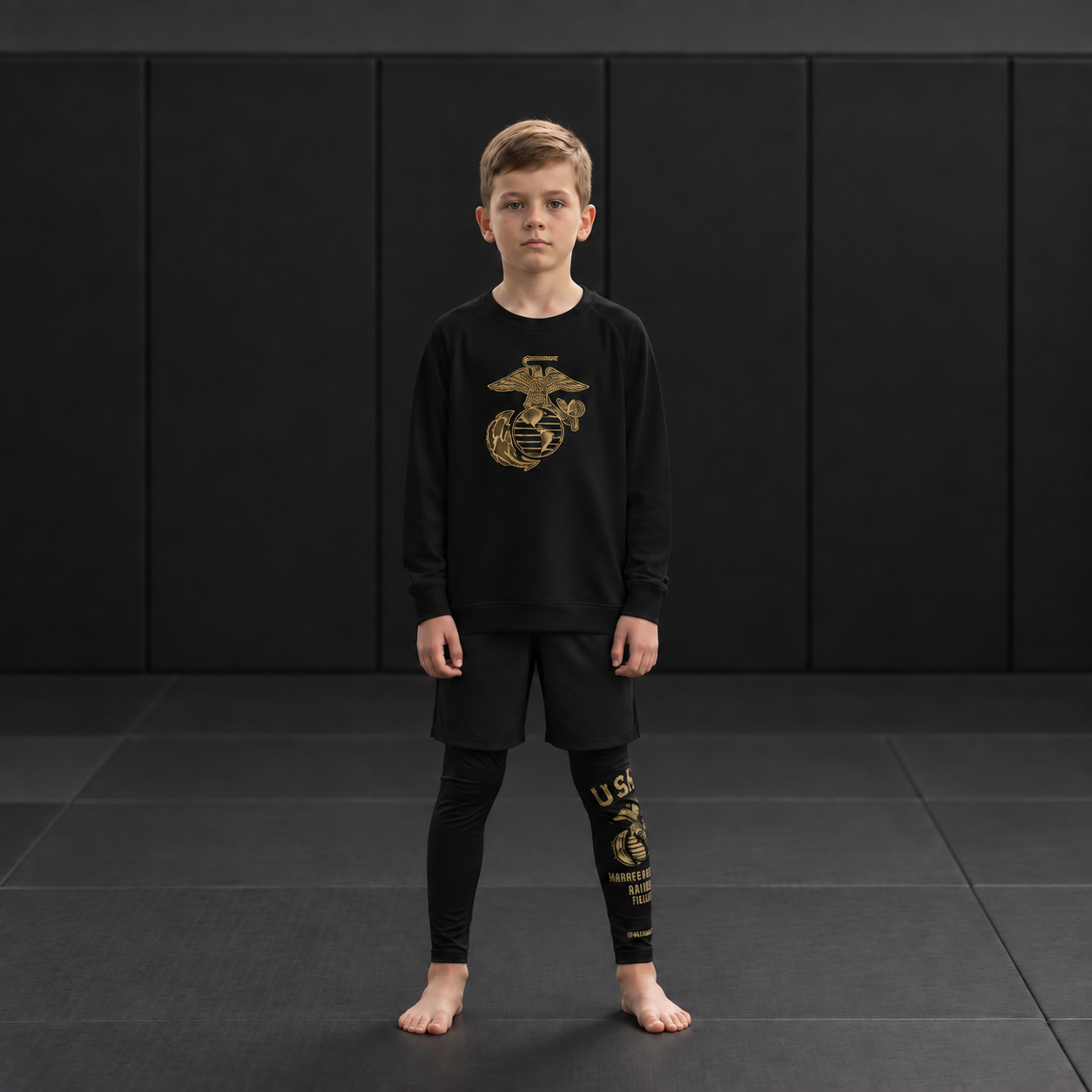 Roll Gear Kids Marines “Gold” Compression Spats – Black & Gold USMC, worn by a young athlete on the mat.
