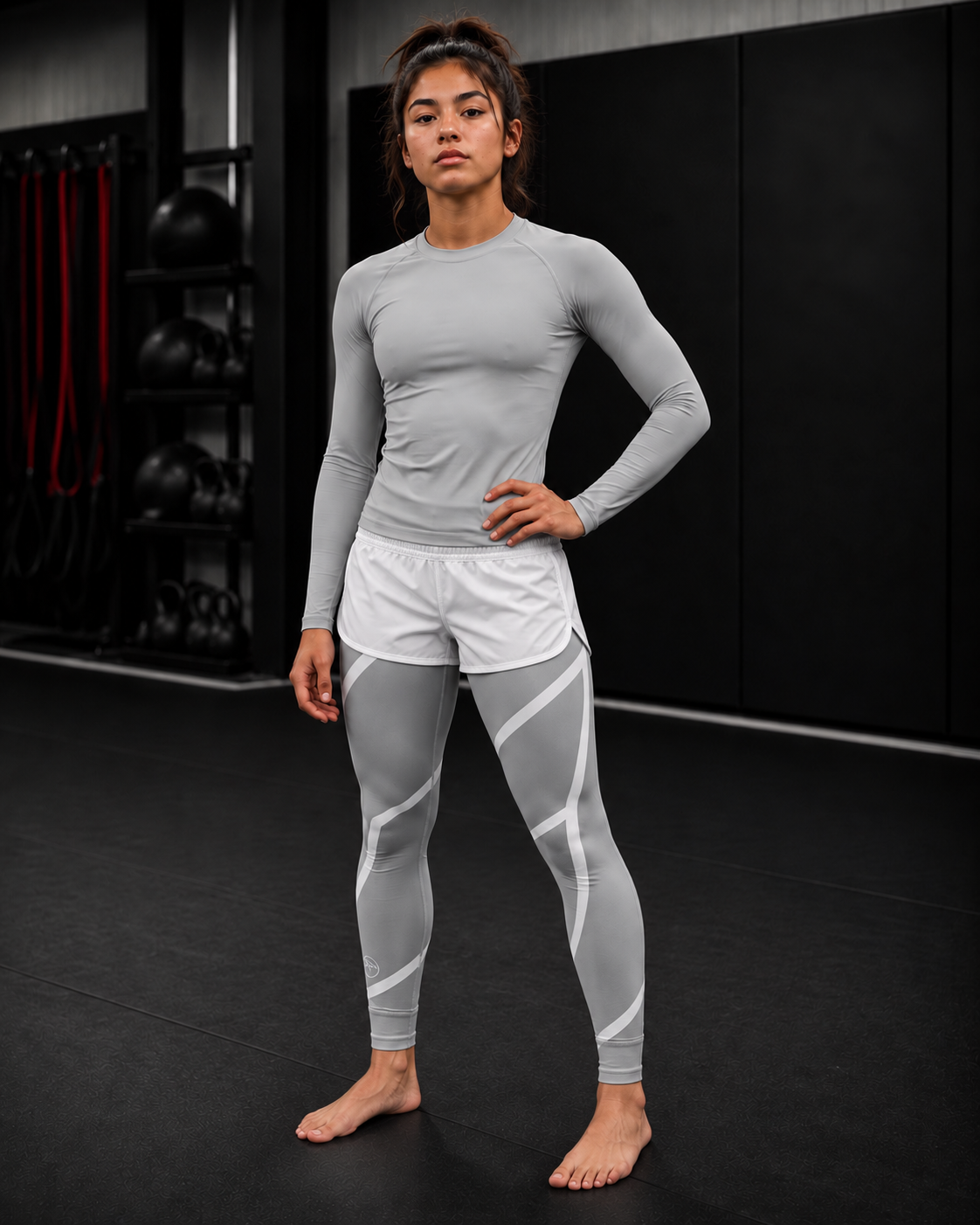 Roll Gear Grey Swirl Spats – Grey/White – Youth, front view on a teen boy.