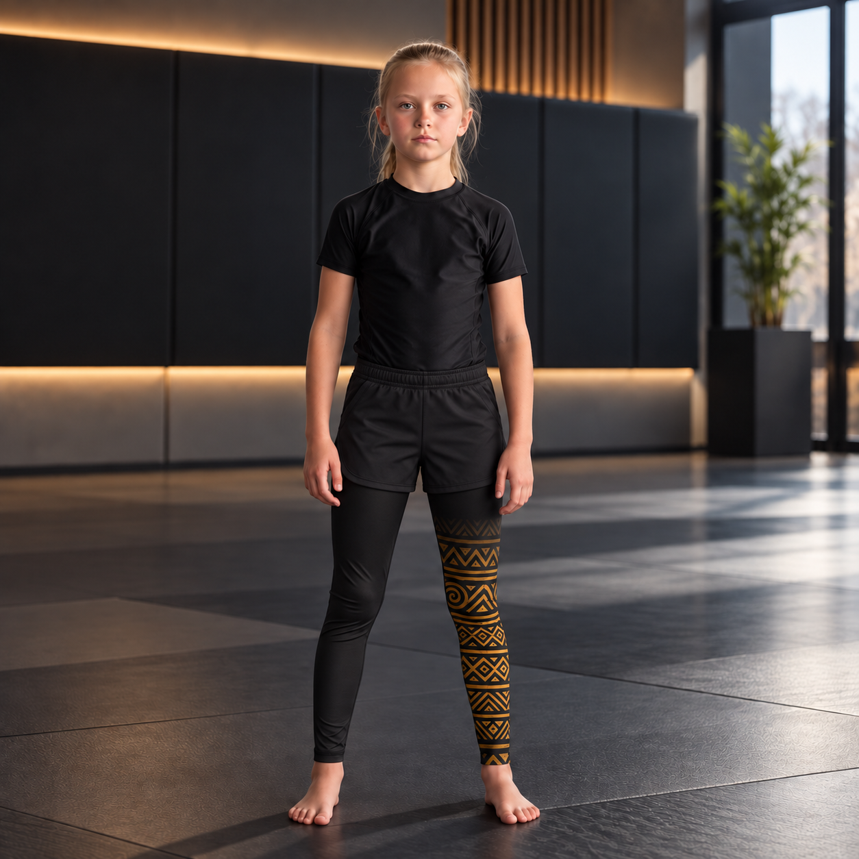 Roll Gear Lion's Pride Kids BJJ Spats – Black & Gold, front view on a boy.
