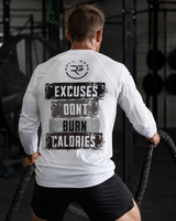Roll Gear Excuses Don’t Burn Calories Rash Guard – White – Men’s, back view, Excuses back print, during battle ropes.