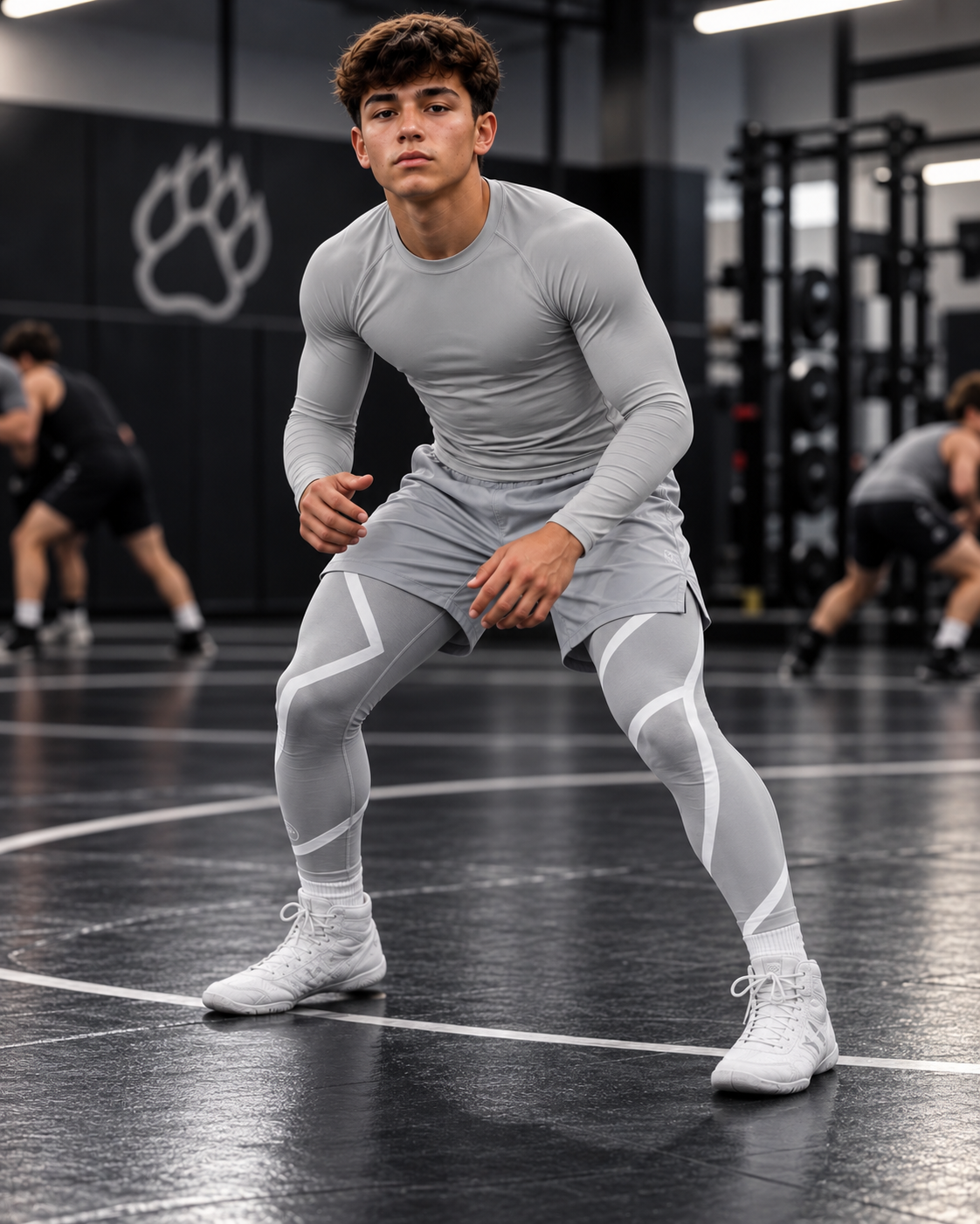 Roll Gear Grey Swirl Spats – Grey/White – Youth, teen boy in a wrestling stance in the gym.