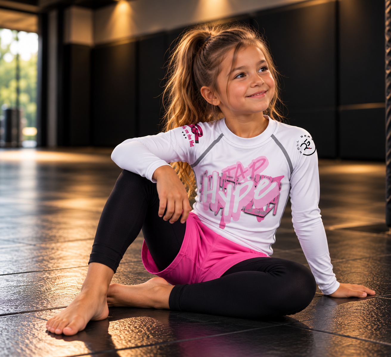 Roll Gear Tap Hype Girls on the Mat Rash Guard – Light Pink/White – Kids Long Sleeve, young girl sitting on the mat.