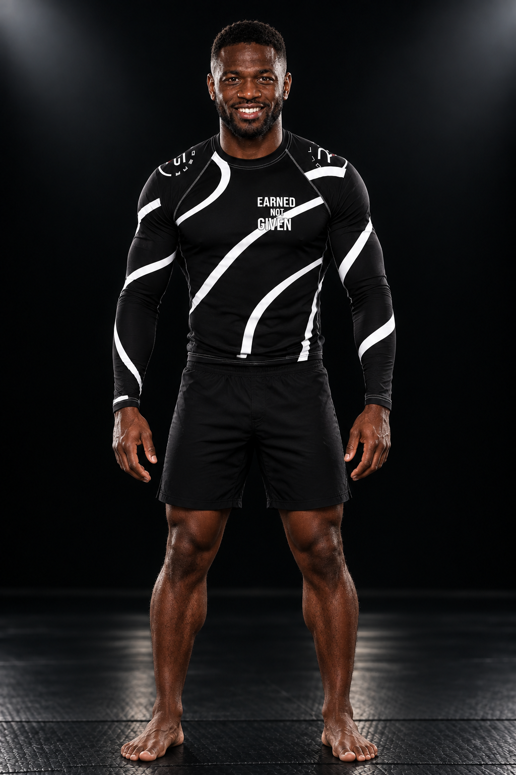Roll Gear Black Swirl Long Sleeve Rash Guard – Black/White – Men’s, front view, worn in a grappling stance.