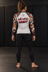 Roll Gear Never Accept Rash Guard – Black – Women’s, back view, Never Accept back print.