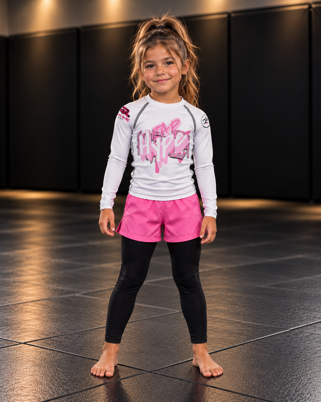 Roll Gear Tap Hype Girls on the Mat Rash Guard – Light Pink/White – Kids Long Sleeve, front view on a young girl.