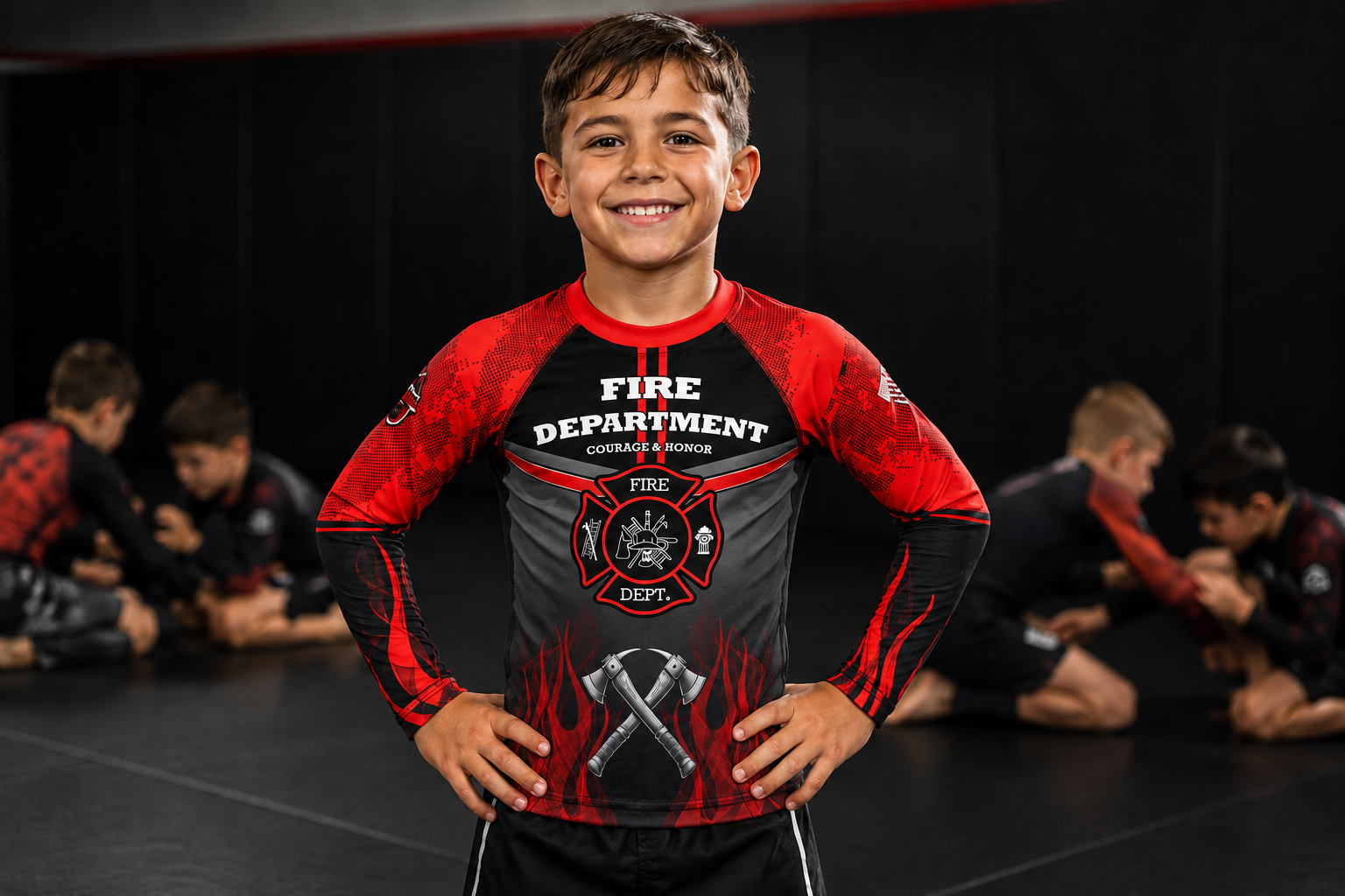 Roll Gear Kids Fire Department Edition Short Sleeve Rash Guard - Red, Black & Smoke Grey, product image 1.