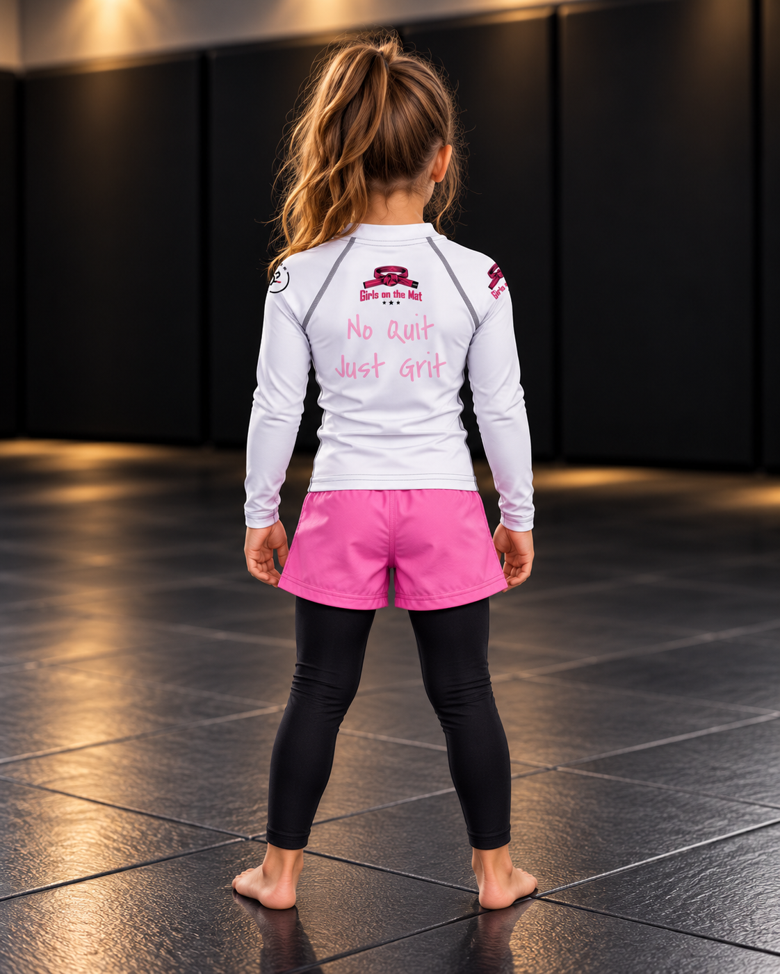 Roll Gear Tap Hype Girls on the Mat Rash Guard – Light Pink/White – Kids Long Sleeve, back view on a young girl.
