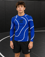 Roll Gear Blue Long Sleeve Rash Guard with White Lines, product view.