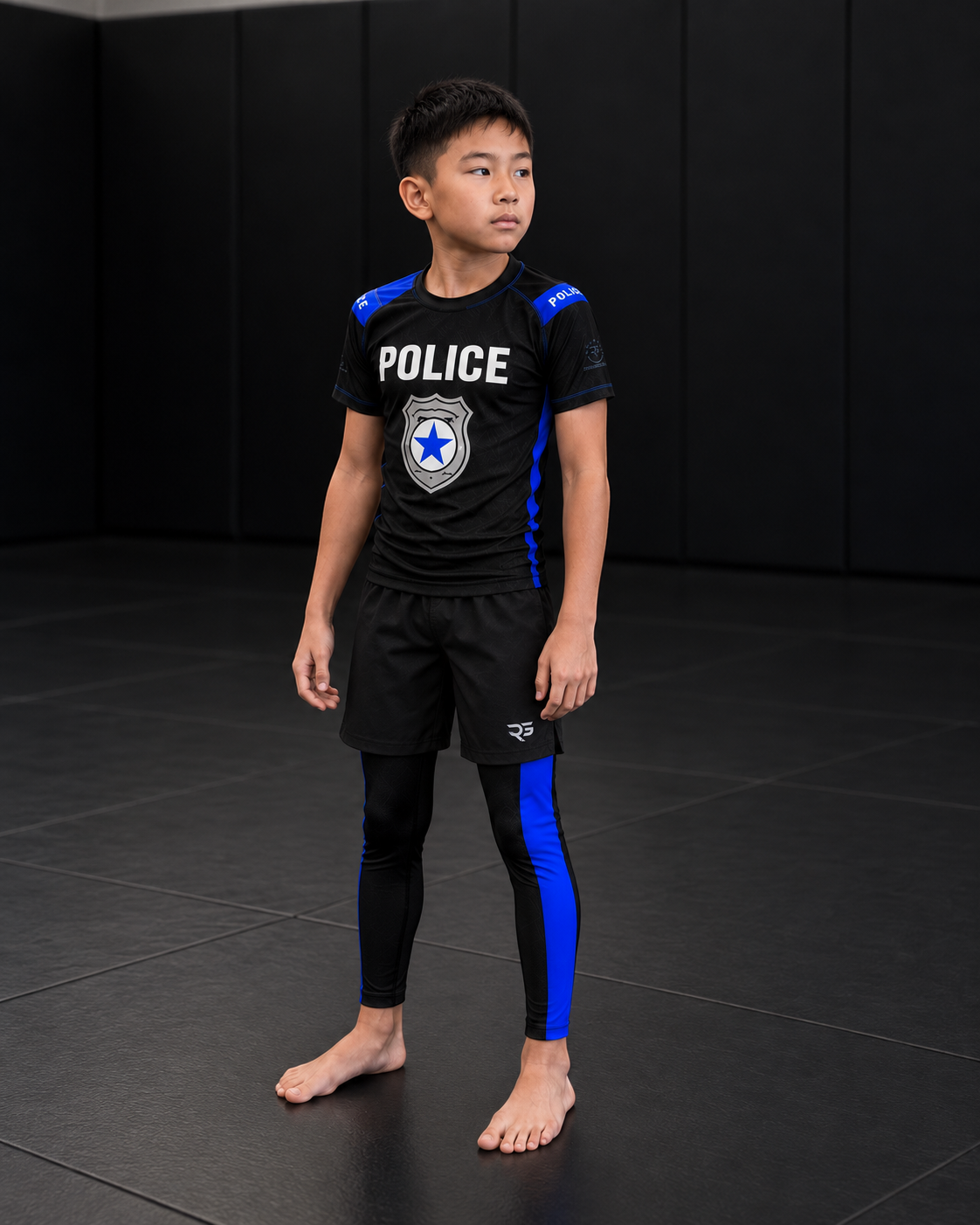 Roll Gear Kids Police Compression Spats, thin blue line leg panel, worn with the Police rash guard.
