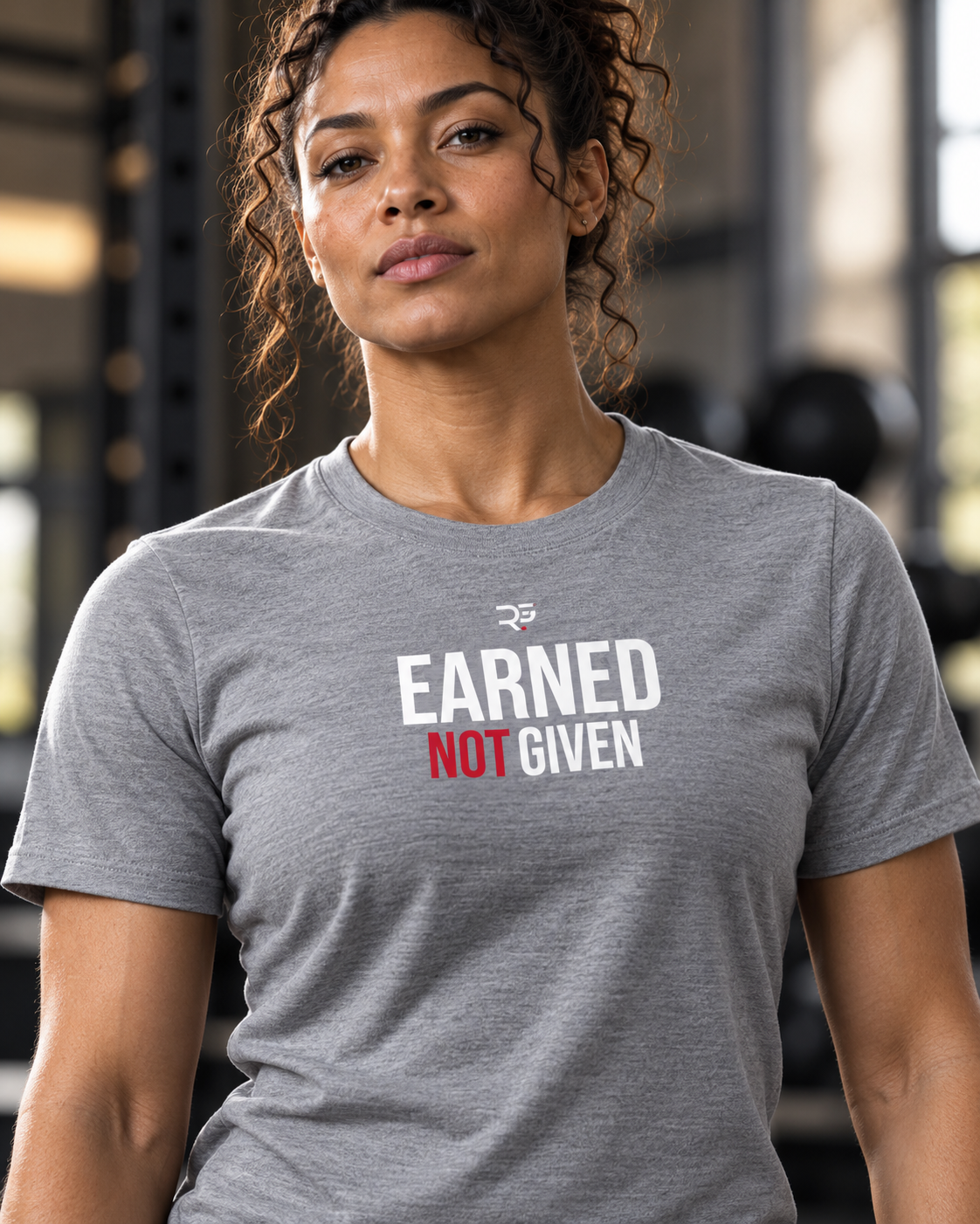 Roll Gear Women's Earned Not Given Motivational T-Shirt, close-up of the Earned Not Given chest print.