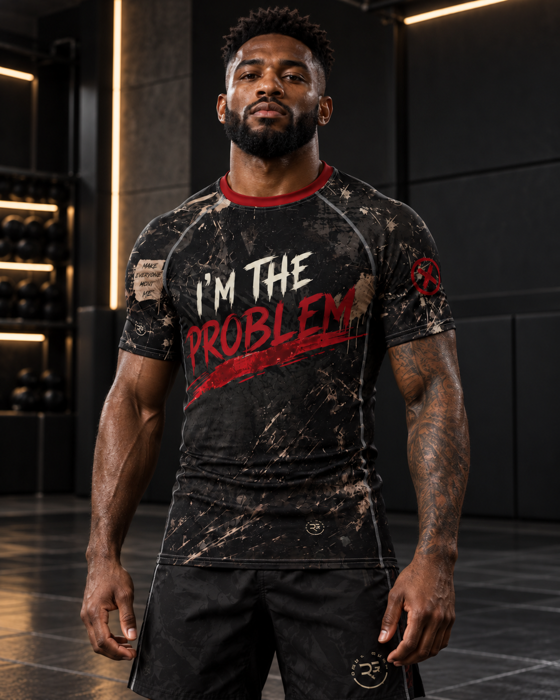 Roll Gear I'm the Problem Short Sleeve Rash Guard – Adult Unisex, front view, worn by a male athlete.