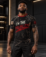 Roll Gear I'm the Problem Short Sleeve Rash Guard – Adult Unisex, front view, worn by a male athlete.