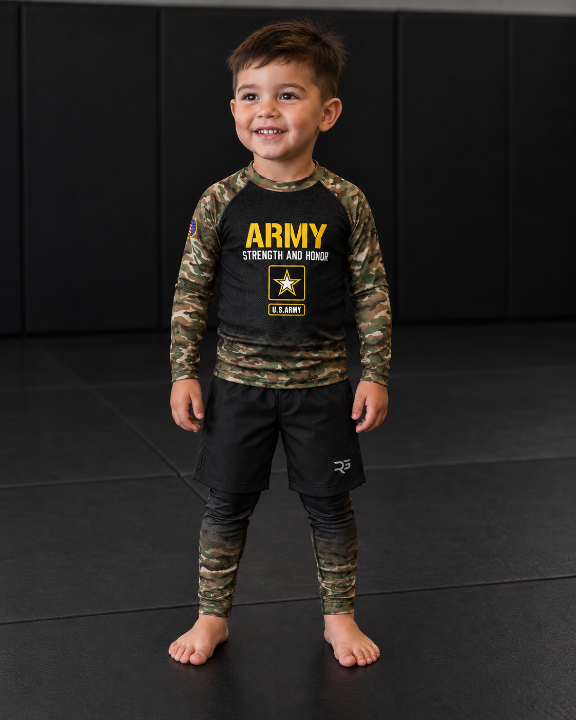 Roll Gear Kids Army Classic Compression Spats, worn with the Army Classic rash guard by a young athlete.