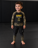 Roll Gear Kids Army Classic Compression Spats, worn with the Army Classic rash guard by a young athlete.