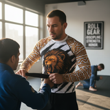 Roll Gear Lion’s Pride Long Sleeve Rash Guard – White & Gold, worn while tying a belt for a training partner.