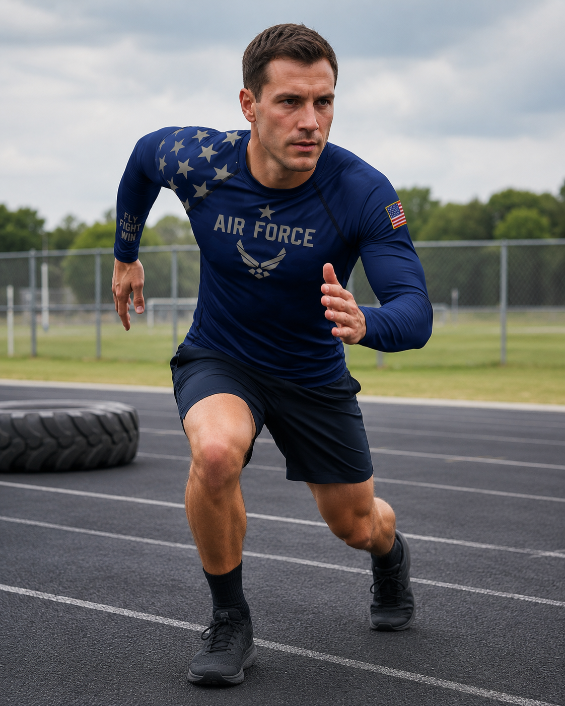 Man running on a track wearing an Air Force t-shirt with American flag design.