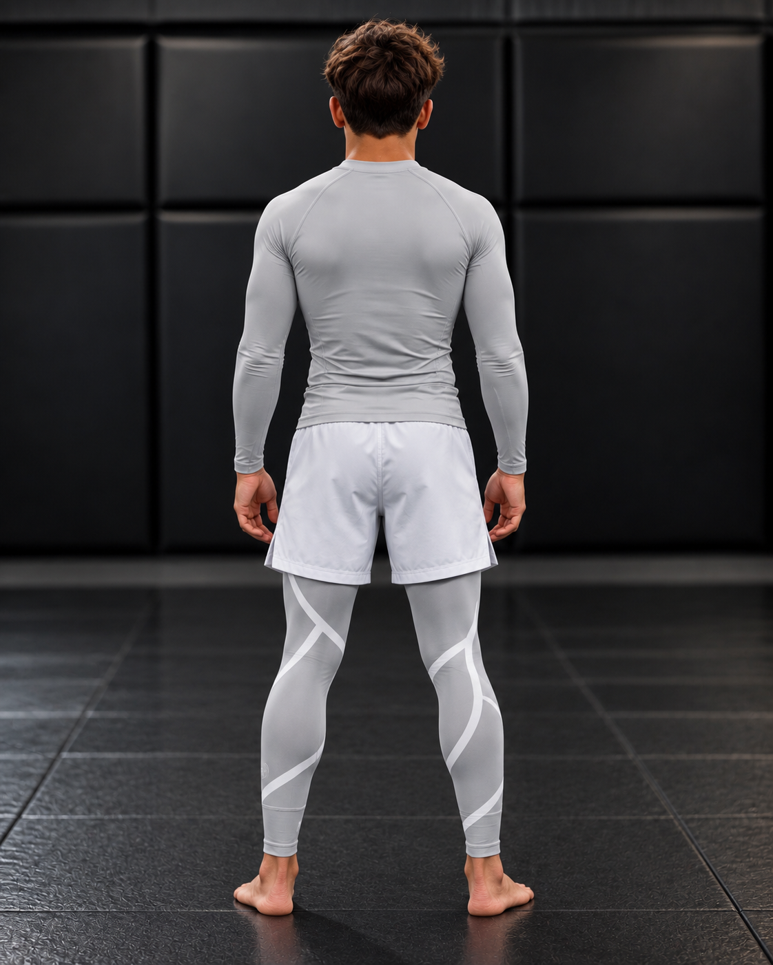 Roll Gear Grey Swirl Spats – Grey/White – Youth, back view on a teen boy.
