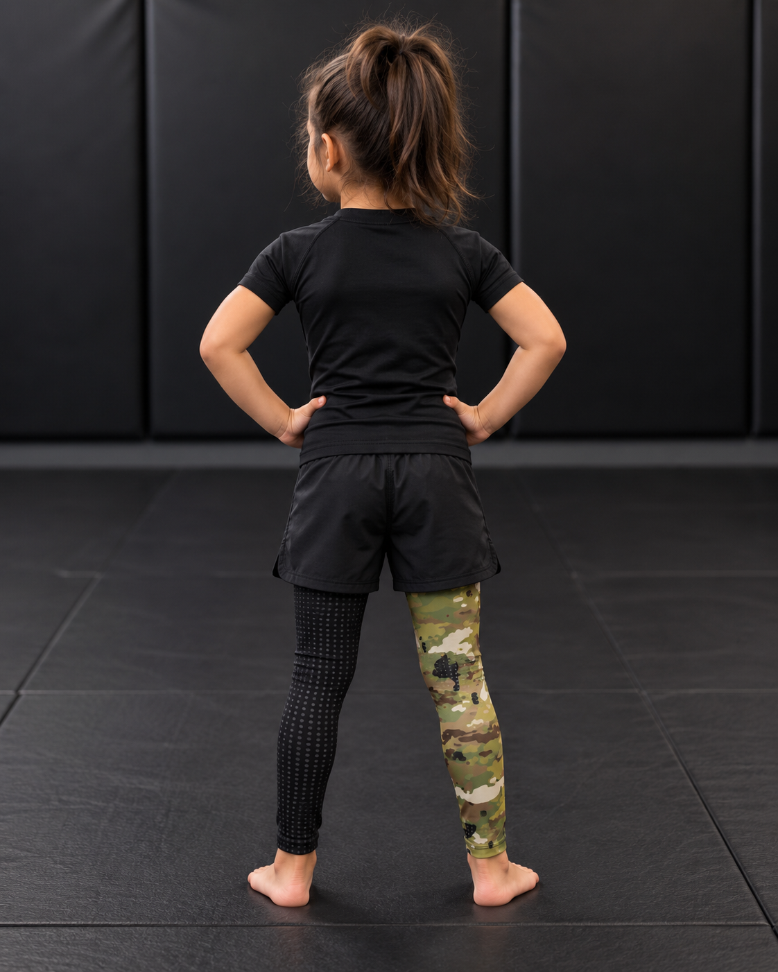 Roll Gear Kids Army Compression Spats – Black Camo, back view on a young girl.