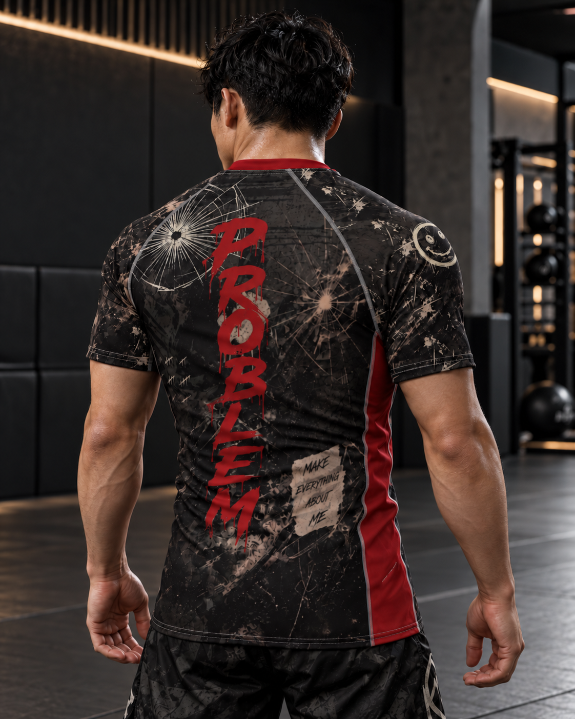 Roll Gear I'm the Problem Short Sleeve Rash Guard – Adult Unisex, back view, PROBLEM down the spine.