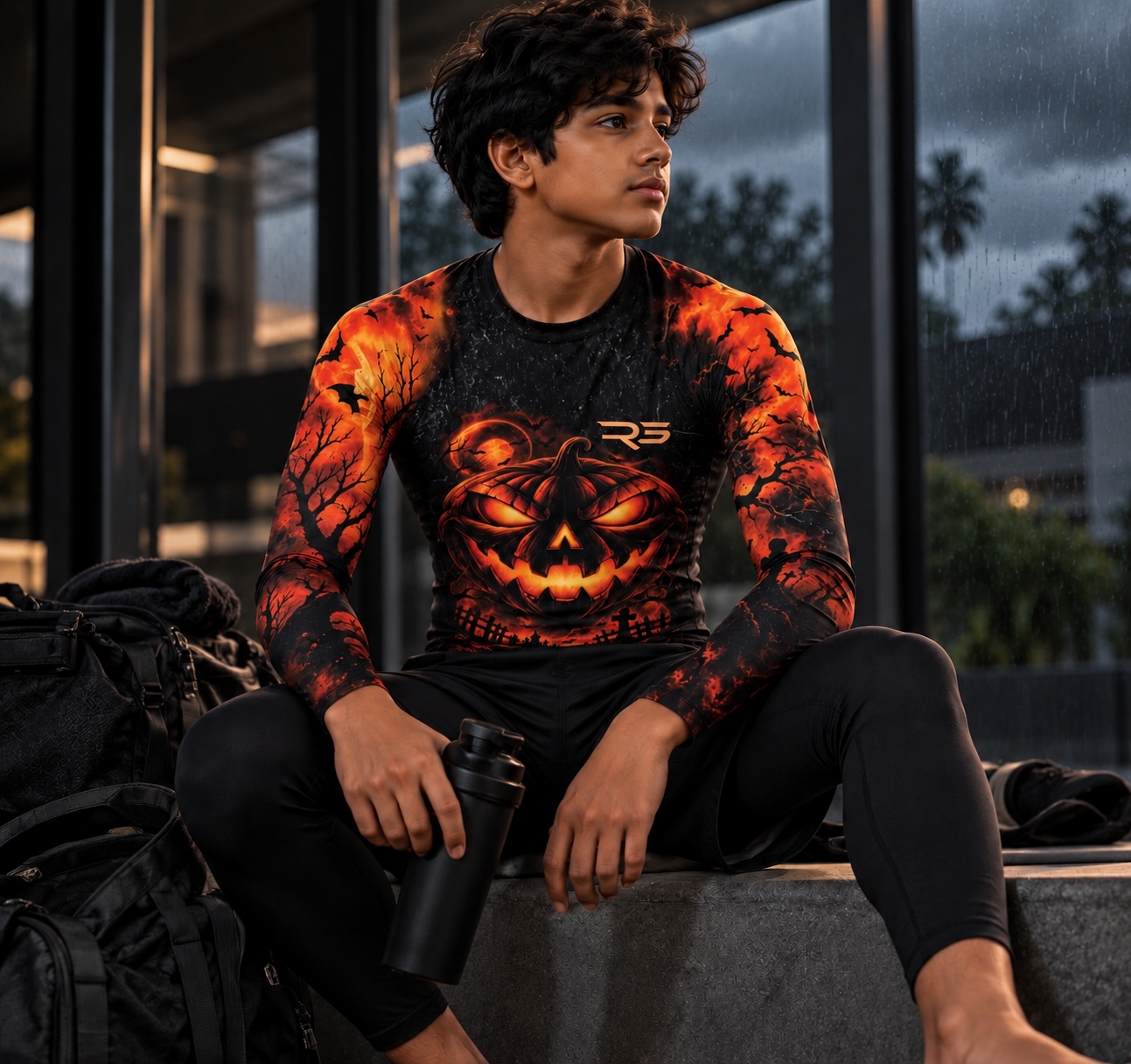 Roll Gear Youth Tap or Treat Long Sleeve Rash Guard, worn seated with a water bottle and gym bag.