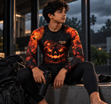 Roll Gear Youth Tap or Treat Long Sleeve Rash Guard, worn seated with a water bottle and gym bag.
