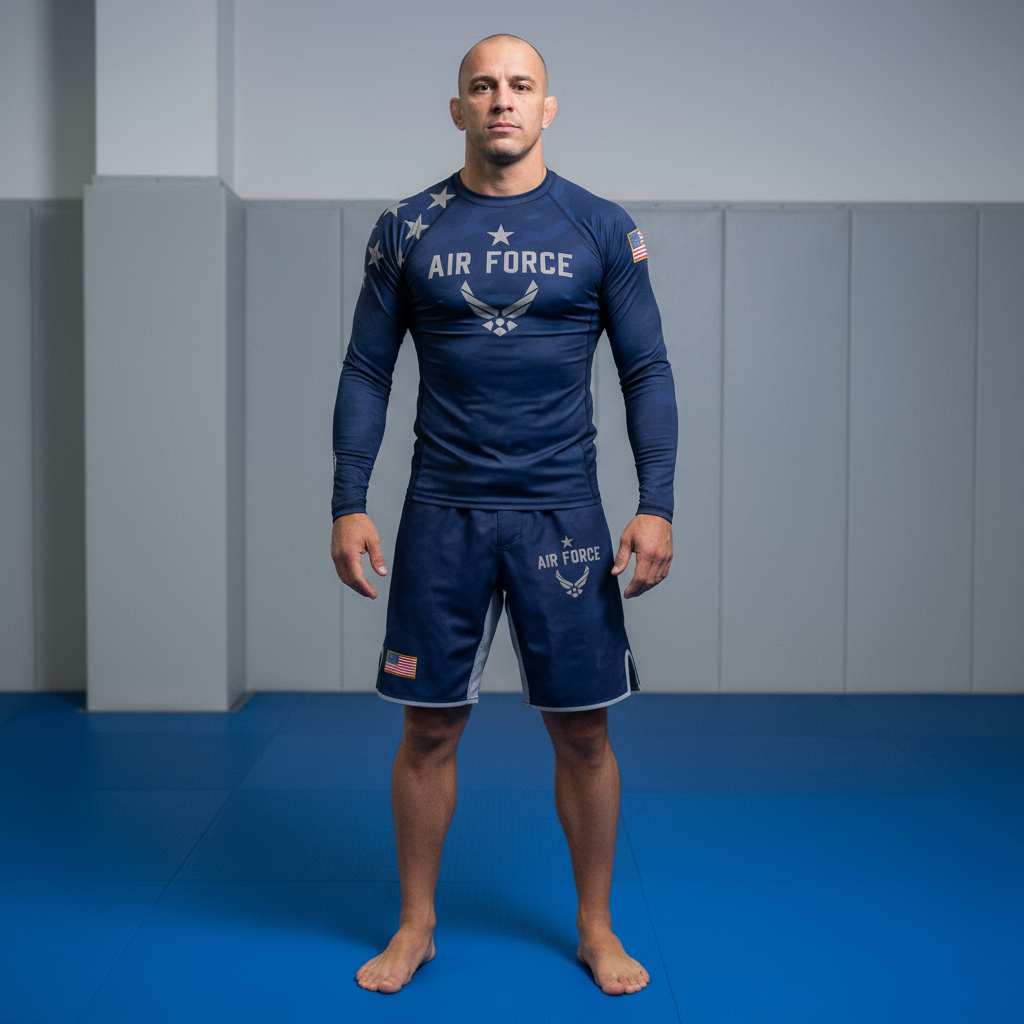 Man wearing Air Force-themed athletic wear standing on a blue mat against a gray wall.