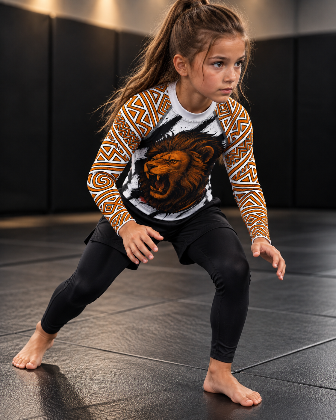 Roll Gear Lion’s Pride Long Sleeve Rash Guard – White & Gold – Kids, girl in a fighting stance on the mat.