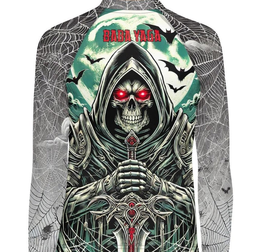 Roll Gear Custom Rash Guard – back view of a sample "Baba Yaga" sublimated design, example for design-your-own BJJ/MMA rash guards.