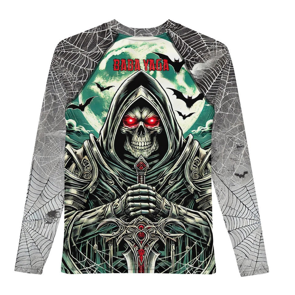 Roll Gear Custom Short Sleeve Rash Guard – back view of a sample "Baba Yaga" sublimated design, example for design-your-own BJJ/MMA rash guards.