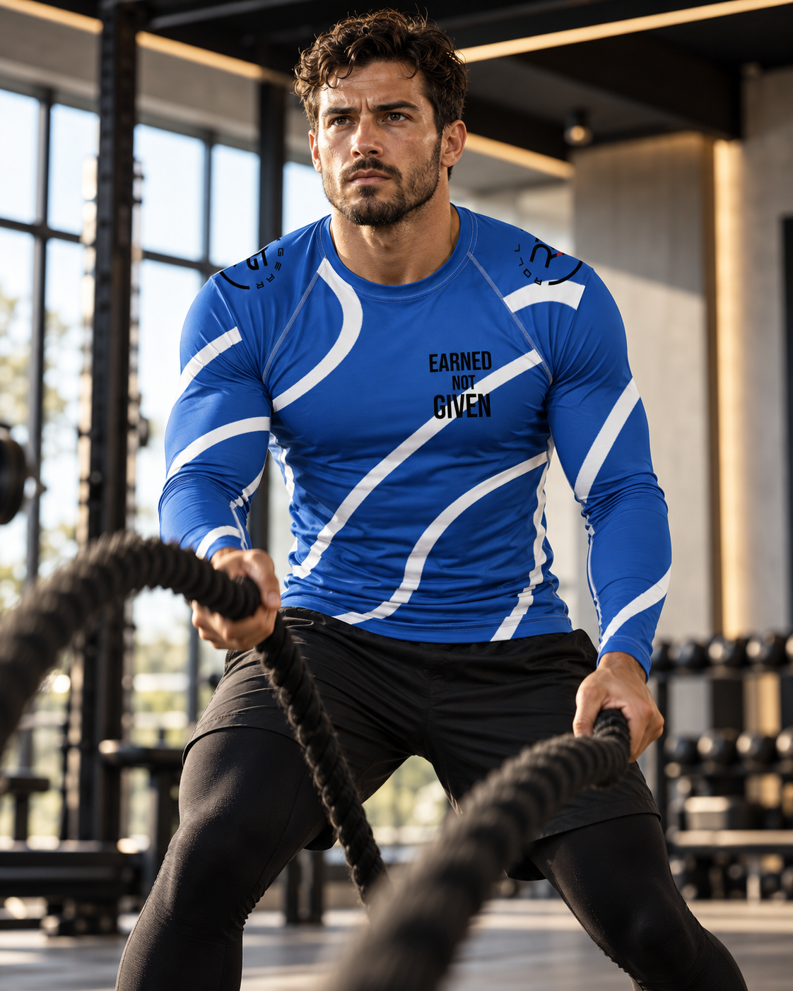 Roll Gear Blue Swirl Long Sleeve Rash Guard – Blue/White – Men’s, worn by a man training with battle ropes.