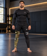 Roll Gear Men's Army Compression Spats – Black Camo, front view on a man.