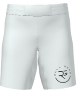 Roll Gear Youth All-White BJJ Grappling Shorts, front view.
