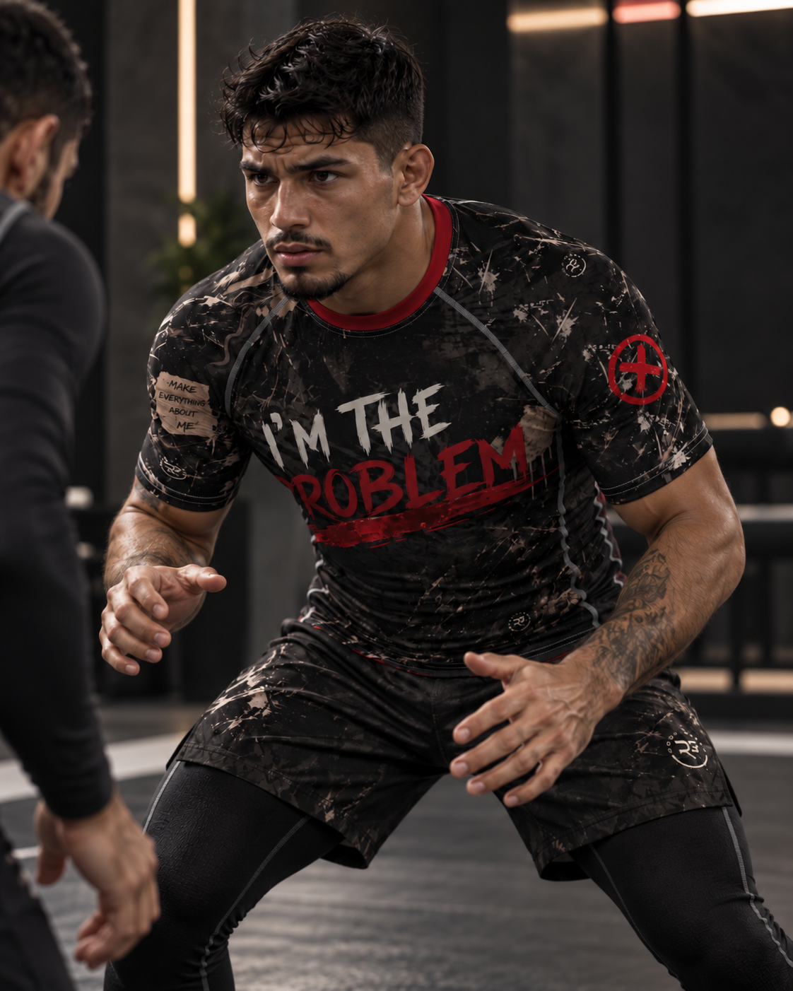 Roll Gear I'm the Problem Short Sleeve Rash Guard – Adult Unisex, worn in a grappling stance.