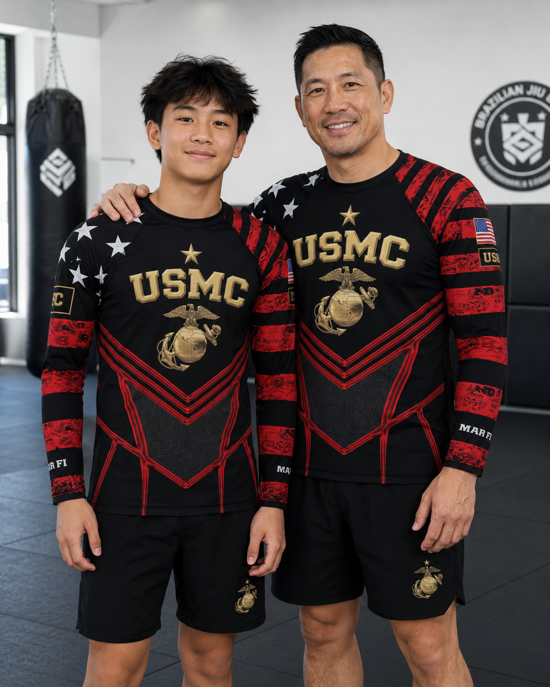 Roll Gear Youth Marines "Dress Blues" Long Sleeve Rash Guard – black, red & gold USMC-inspired design for young athletes.