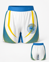 White athletic shorts with blue and yellow accents featuring a logo on a white background