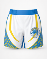 White athletic shorts with blue and yellow accents and a logo on a white background