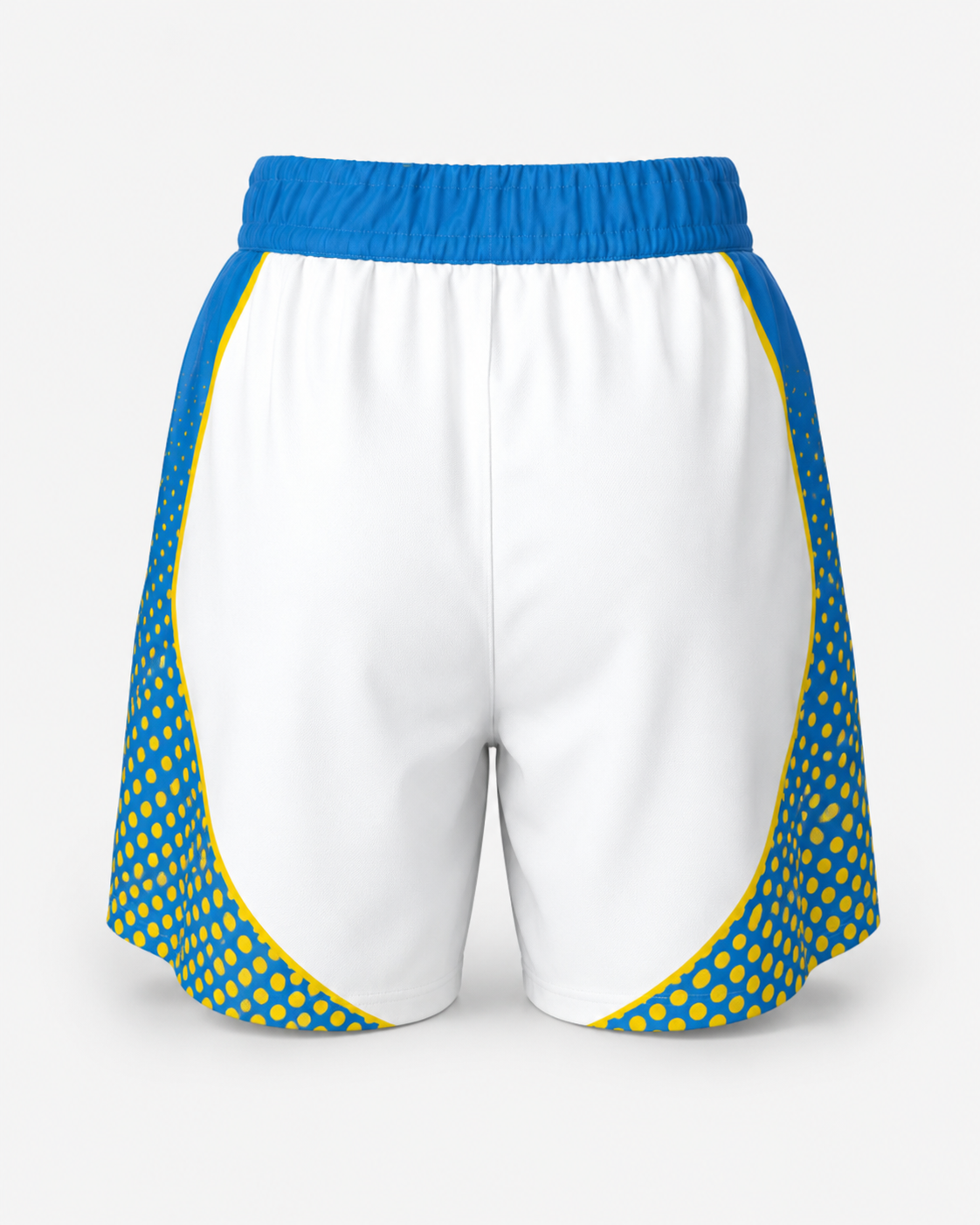 White shorts with blue and yellow trim on a white background