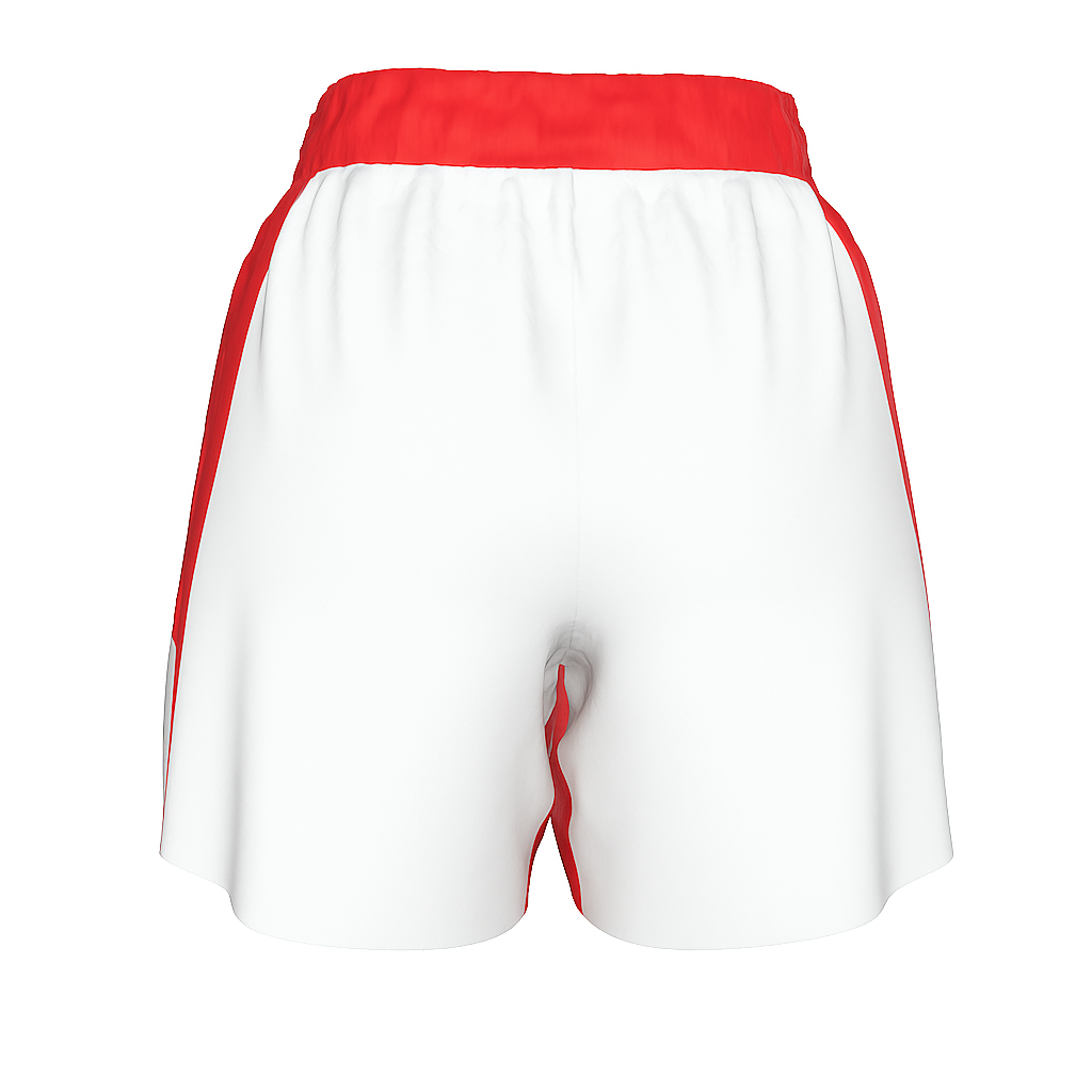 Roll Gear Own the Mat BJJ Fight Shorts – Red & White, flat back view.