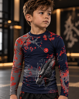 Roll Gear Shadow Dragon Warrior Rash Guard – Dark Navy & Crimson – Kids Long Sleeve, boy close-up, dragon graphic.