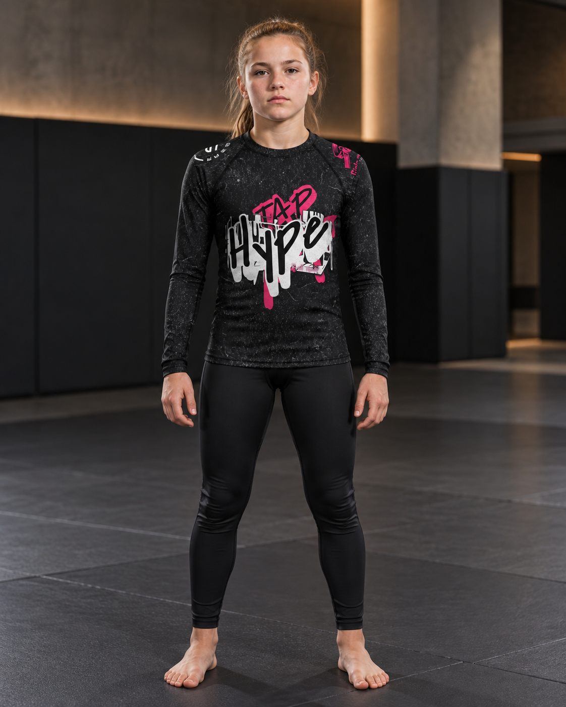 Roll Gear Tap Hype – Pink Edition Kids Long-Sleeve BJJ Rash Guard, girl standing on the mat, front view.
