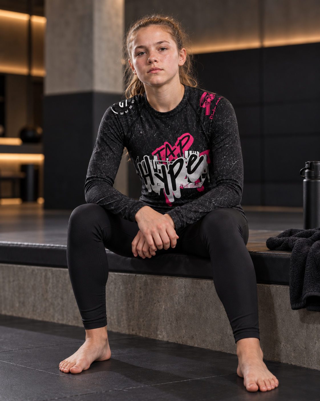 Roll Gear Tap Hype – Pink Edition Kids Long-Sleeve BJJ Rash Guard, girl seated on a gym bench.