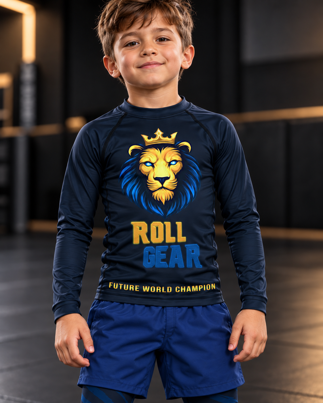 Roll Gear Kids Lion Rash Guard – Future World Champion, smiling boy close-up, lion graphic.