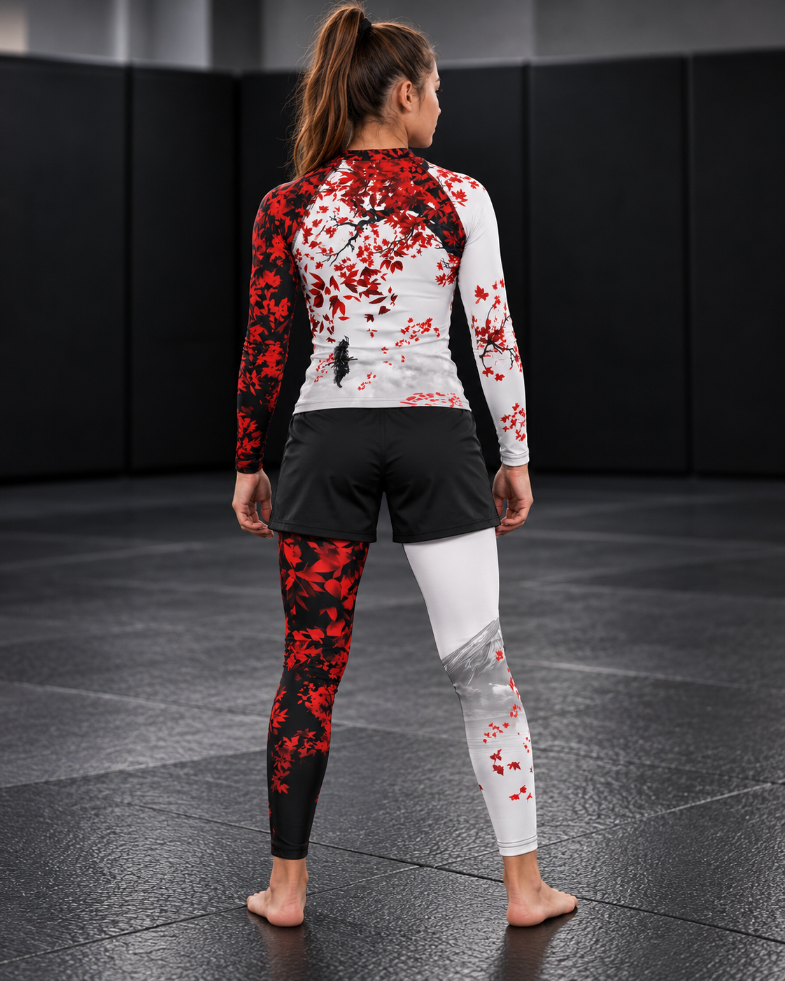 Roll Gear Shadow Dragon Warrior Spats – White & Crimson – Youth, back view on a teen girl.