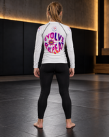 Roll Gear Evolve or Repeat Youth Girls Rash Guard – White, back view, Evolve or Repeat back graphic.