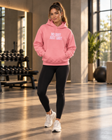 Roll Gear Tap Hype Hoodie – White Print, front view, worn standing by the dumbbell rack.
