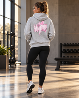 Roll Gear Tap Hype Hoodie – White Print, back view, Tap Hype graphic, worn with leggings in the gym.