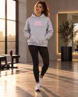 Roll Gear Tap Hype Hoodie – White Print, front view, worn walking through the gym.